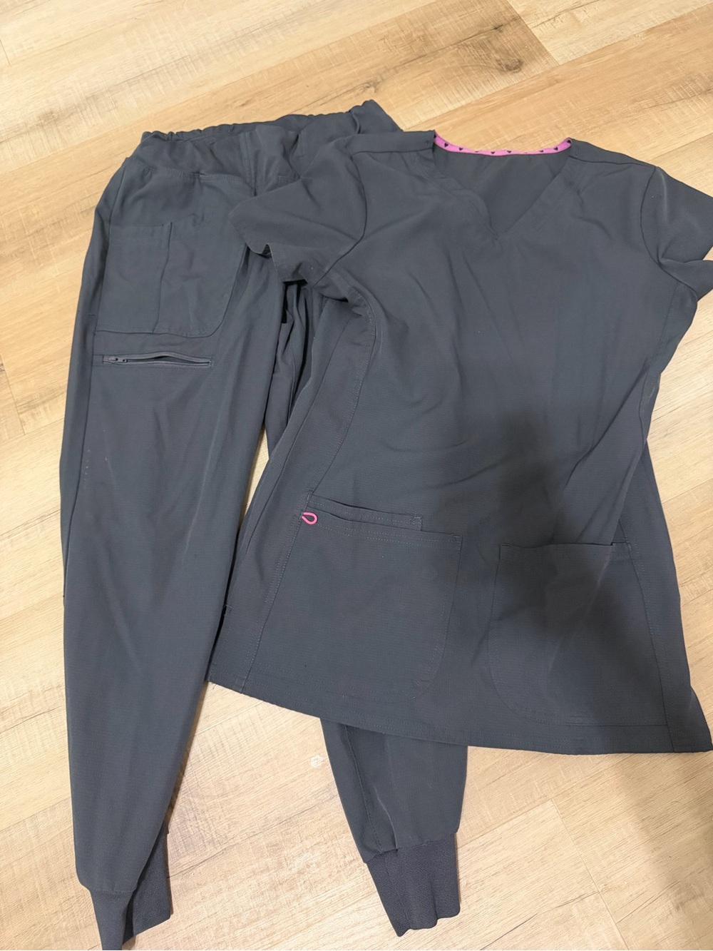 HeartSoul Black Scrub Top & Jogger Pants Set with Pink Trim